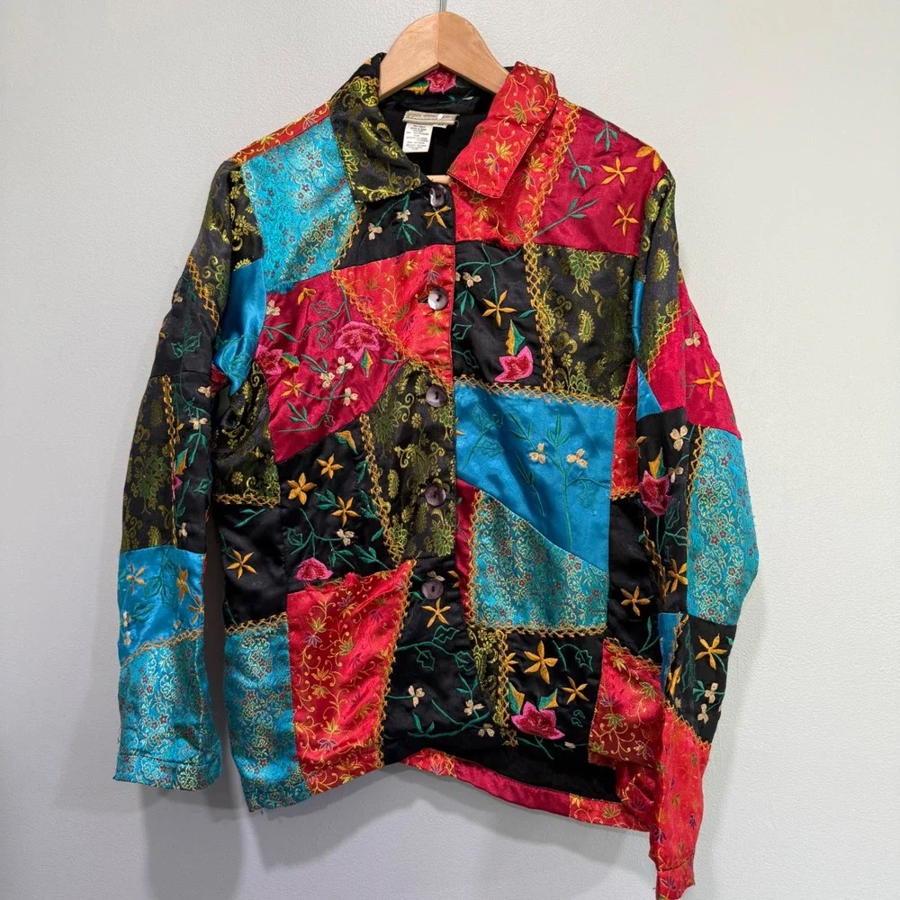 Coldwater‎ Creek Womens M Patchwork Floral Embroidered Jacquard Jacket